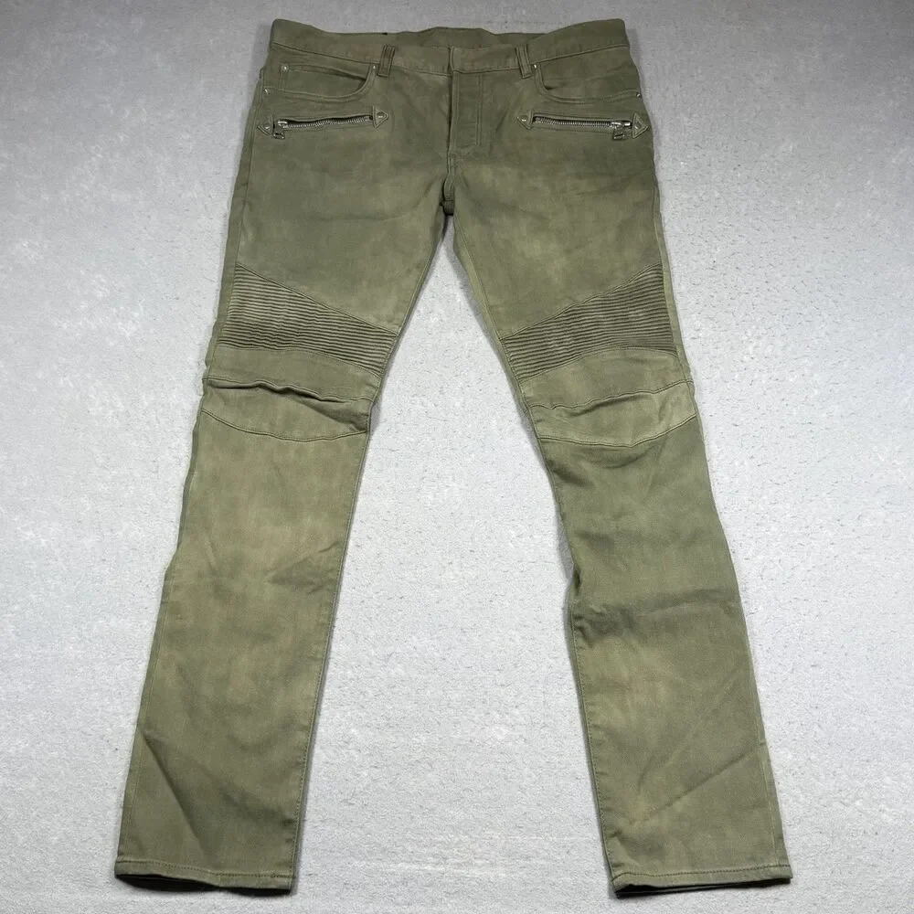 Balmain Paris Biker Moto Jeans Men’s 34 Olive Green Motorcycle Made In Japan